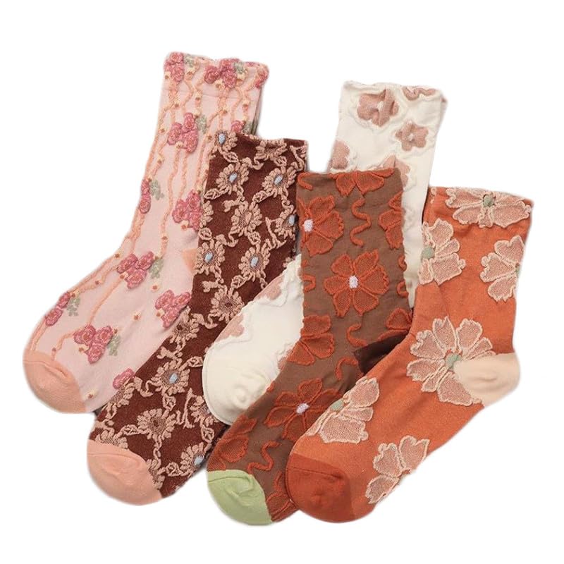 Alxad 5 Paar Bunte Socken Damen mit Rüschen, Vintage Bestickte Blumen Frauen Baumwollesocken, Weiche Atmungsaktive Crew Socken