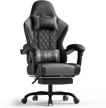 TRIUMPHKEY Gaming Chair for Adults with Footrest, Ergonomic Computer Chair with Massage Lumbar Support, Reclining Backrest, Swivel Office Gamer Chair with Headrest Gray