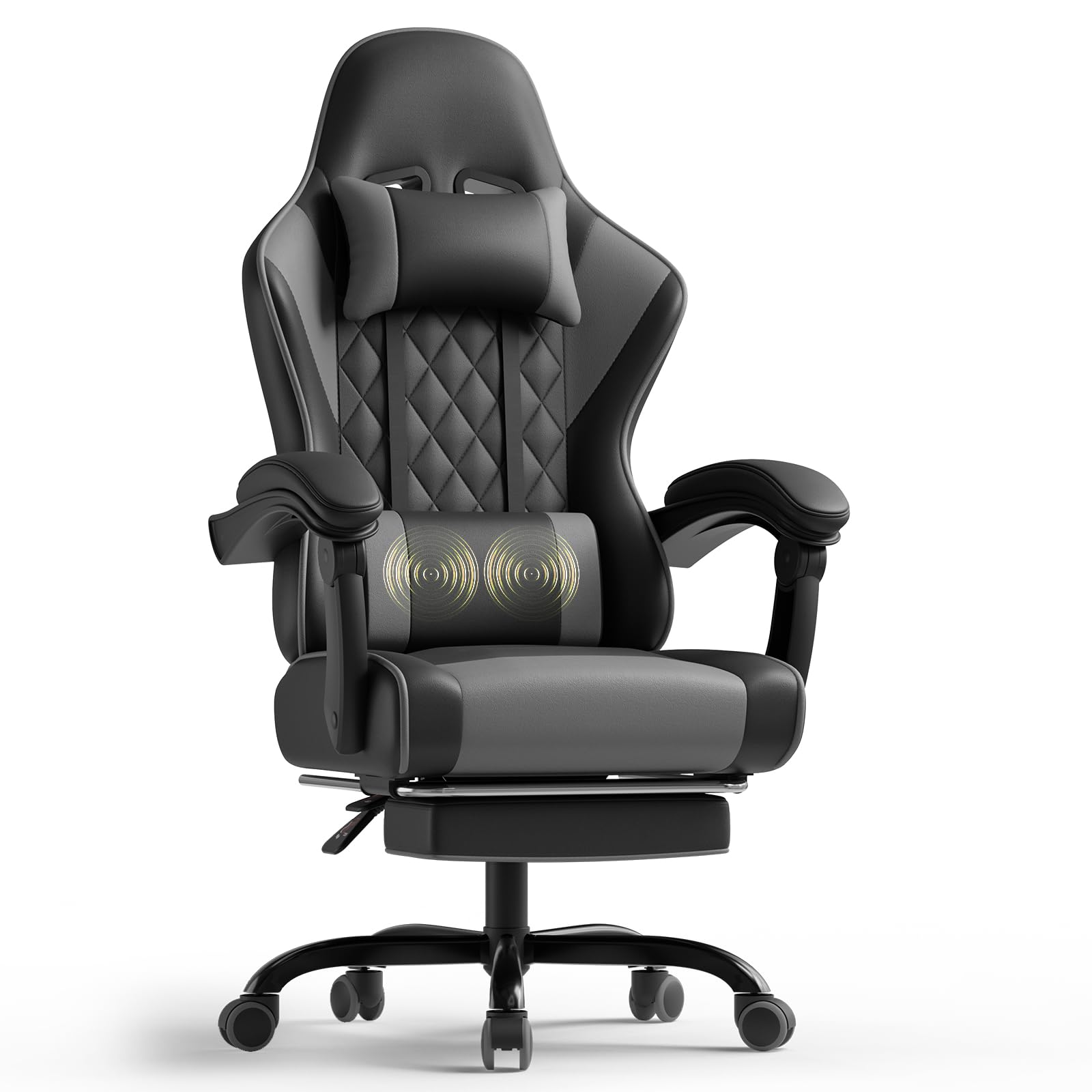 TRIUMPHKEY Silla Gaming Profesional con Masajeador, PU Silla de Juegos con Reposacabezas y Reposapiés,Silla de Oficina Ergonómica con Lumbar de Masaje, Reclinable 90-150°y Capacidad 150KG Gris-Negro