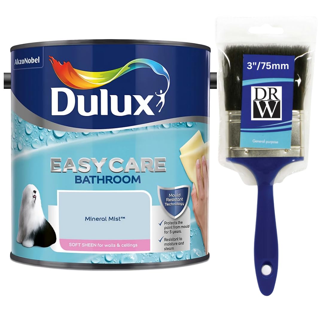 Mineral Mist Dulux Easycare Bathroom Soft Sheen Paint 2.5L + 3" Emulsion Paint Brush– Moisture & Steam Resistant, Mould Protection, Washable Durable Finish for Bathroom Walls & Ceilings
