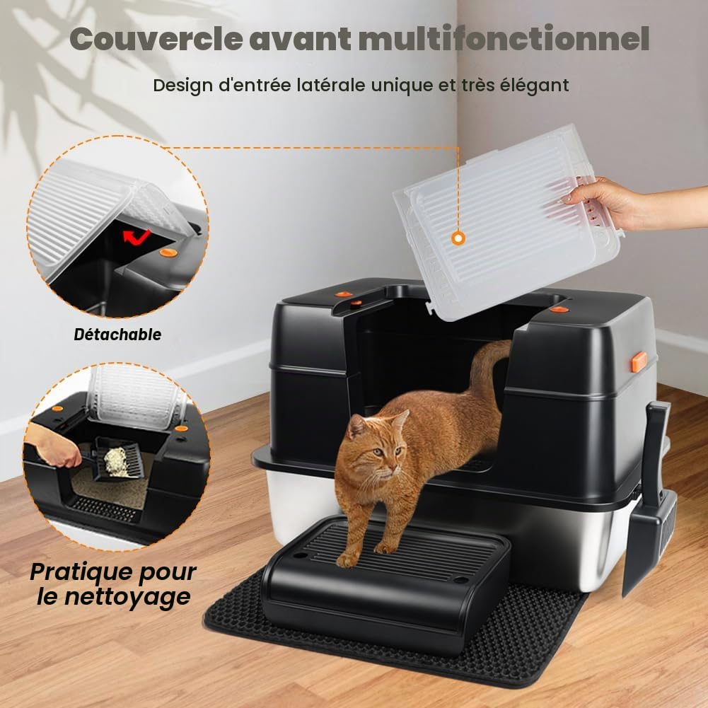 Vivifying Litière pour Chat en Acier Inoxydable avec Couvercle, Taille XL, Facile à Nettoyer et résistante aux odeurs, en Acier Inoxydable, avec pédales, Pelle et Tapis(Noir)