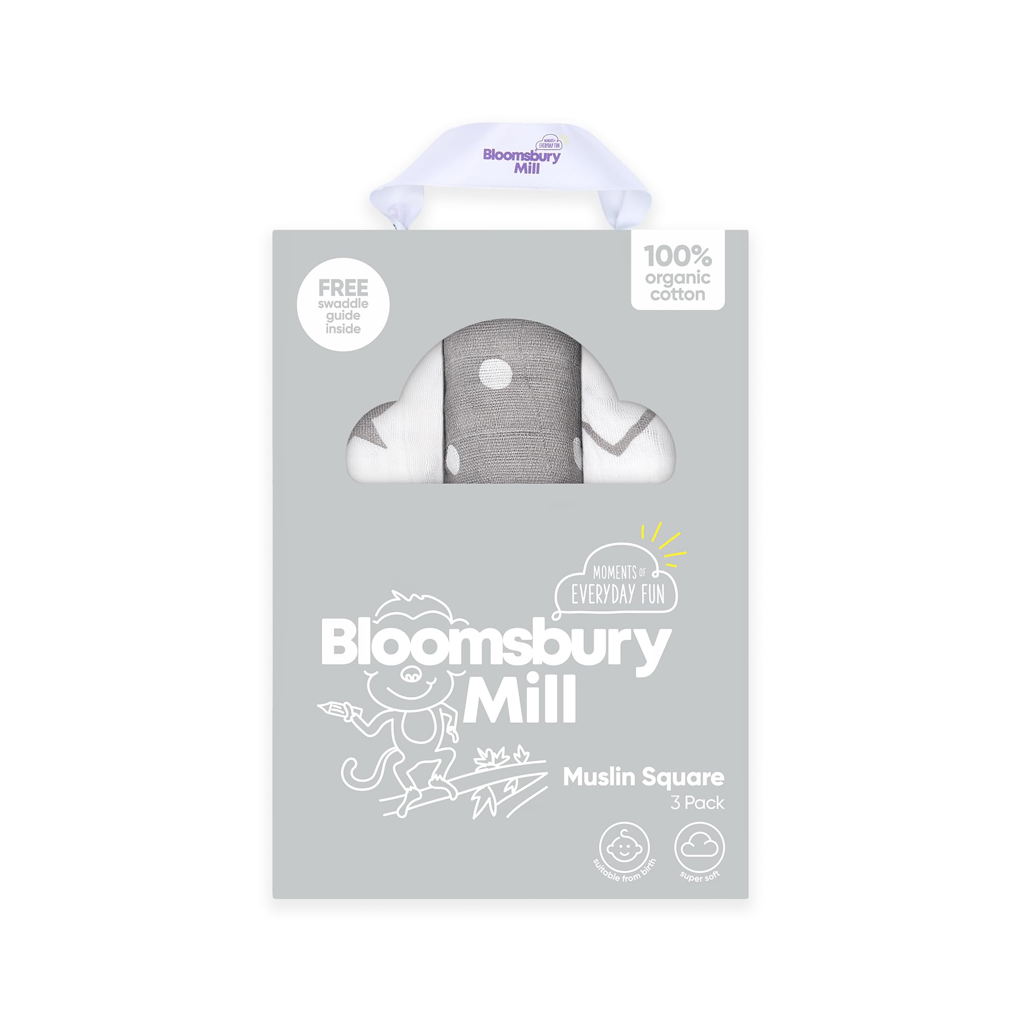 Bloomsbury Mill Grey & White - Muslin Cloths For Baby - Soft 100% Organic Cotton Muslin Squares - Baby Muslins Pack Of 3 - Burp Cloths - Newborn Essentials - 70X70cm Large