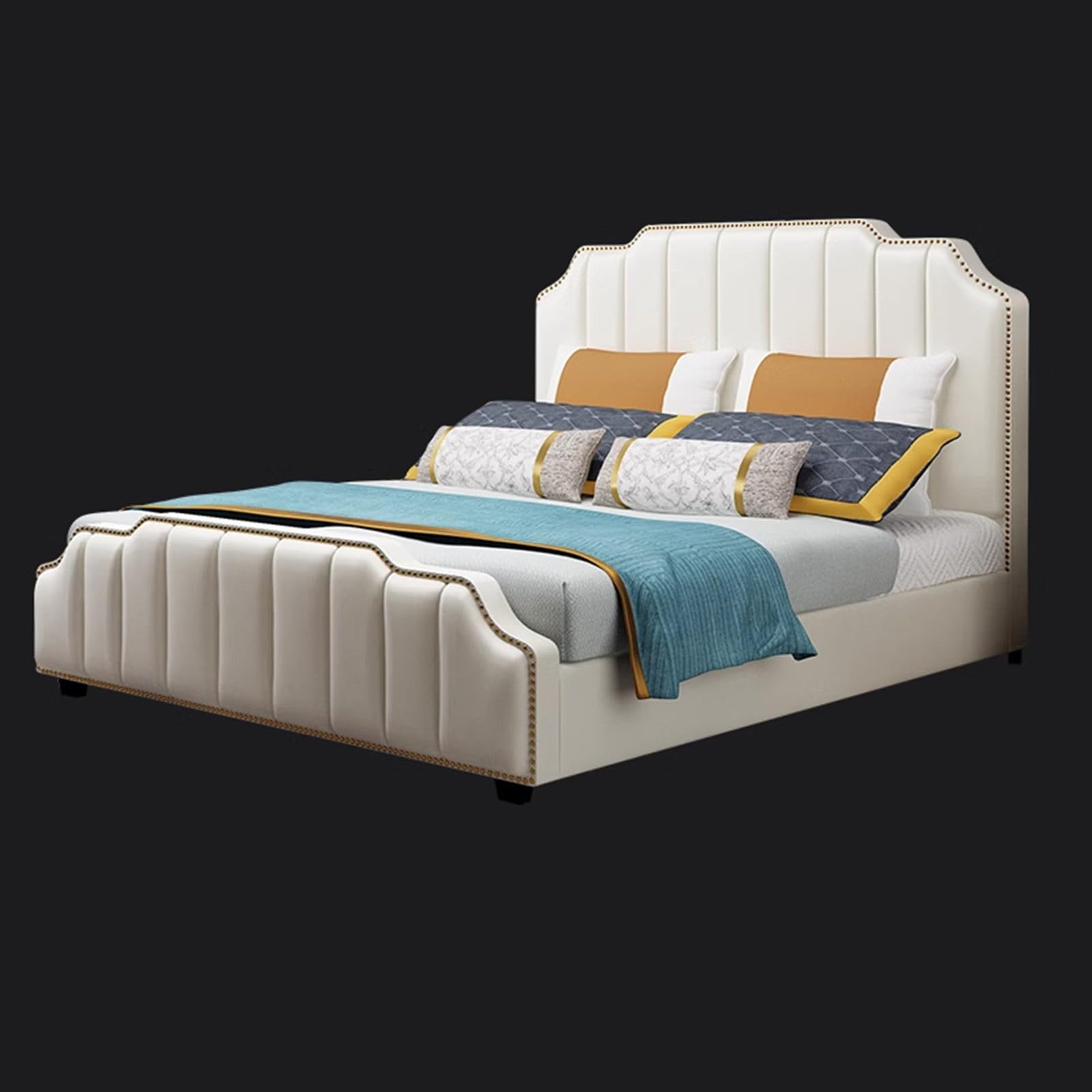White King Size Genuine Leather Bed Upholstered Platform Bed Frame with Headboard and Storage Drawers Strong Wooden Slat