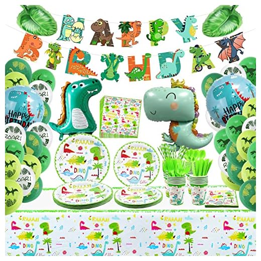 Suministros de Fiesta de cumpleaños de Dinosaurios sirven 20, Decoraciones de Fiesta de Dinosaurios, pancartas de cumpleaños, Globos, Mantel, Plato, Tazas, Globos de Hojas de Palma