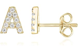 14K Gold Plated Cubic Zirconia Initial Letter Stud Earrings for Girls