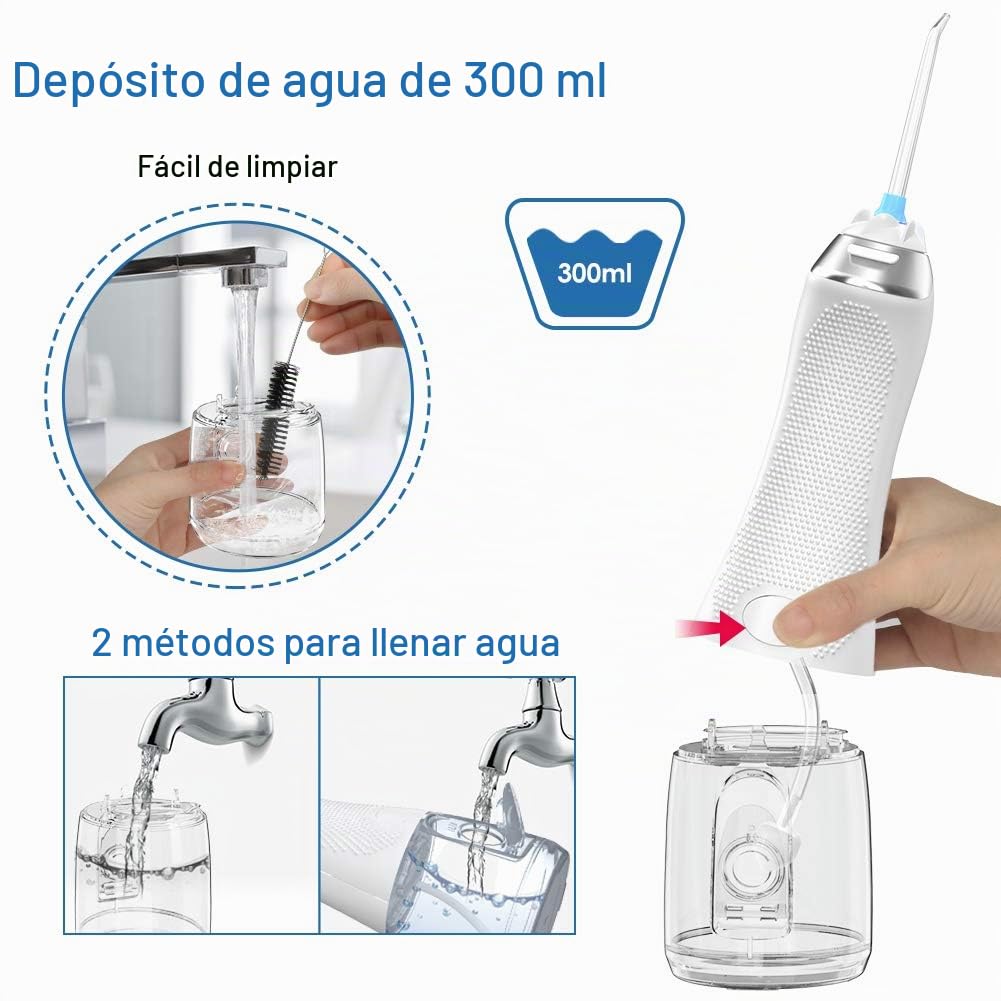 Irrigador Bucal Portátil Profesional - Multifuncional 300ml Irrigador Dental, 5 Modos 6 Boquillas, Tanque de Agua Extraíble, IPX7 Impermeable para Limpieza Dental, Ideal para Viaje(Blanco)
