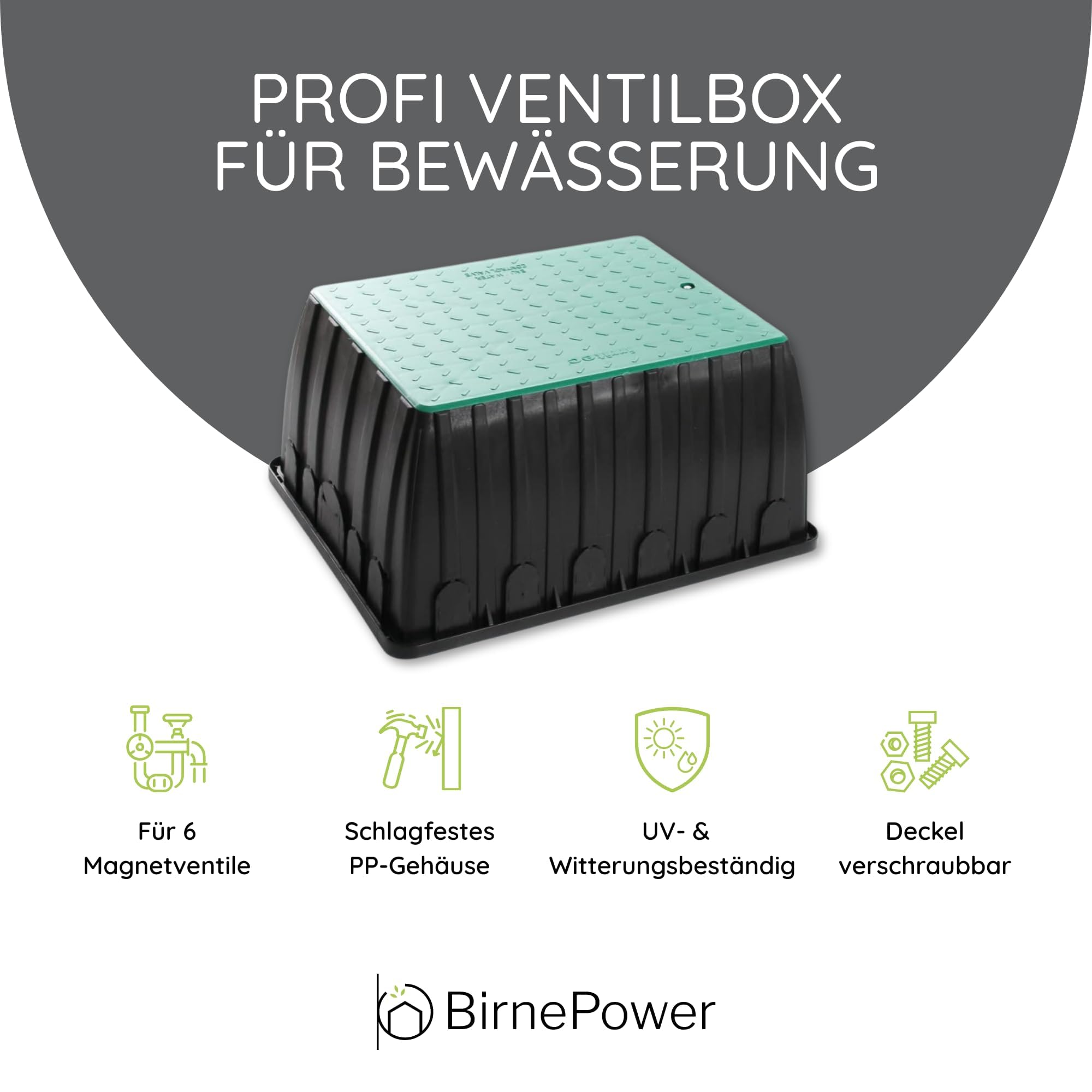 BirnePower Ventilbox Jumbo 64x51 cm mit Deckel – robuster Ventilkasten für Bewässerungsanlagen, passend für 6 Magnetventile, UV-beständig, Stabiler PP-Kunststoff für Garten & Anlagen