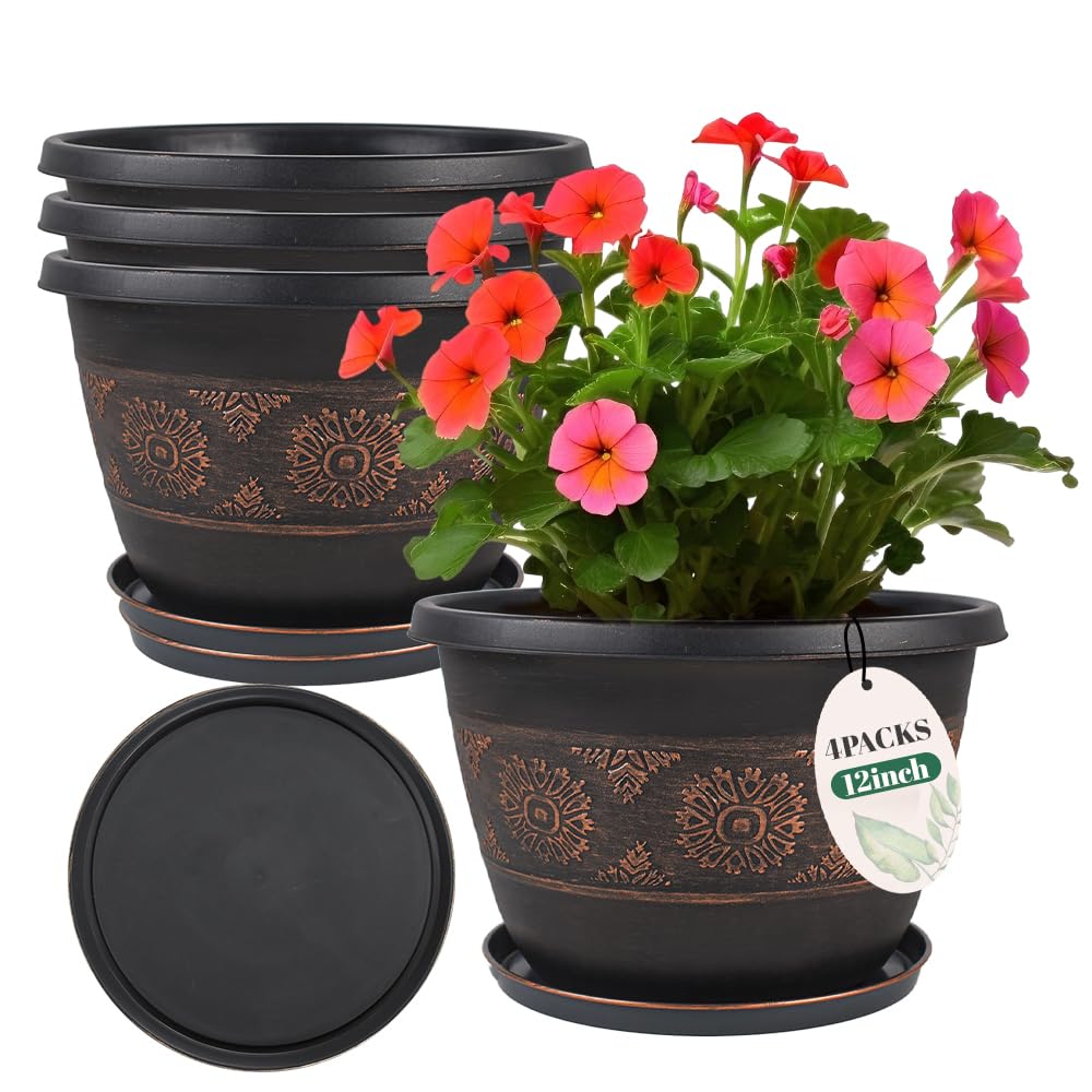 Usocik 12 inch Plant Pots, 4 Pack Retro Pattern Planters with Drainage Holes and Saucer, Sturdy Plastic Garden Flower Pots for Indoor & Outdoor Plants Copper
