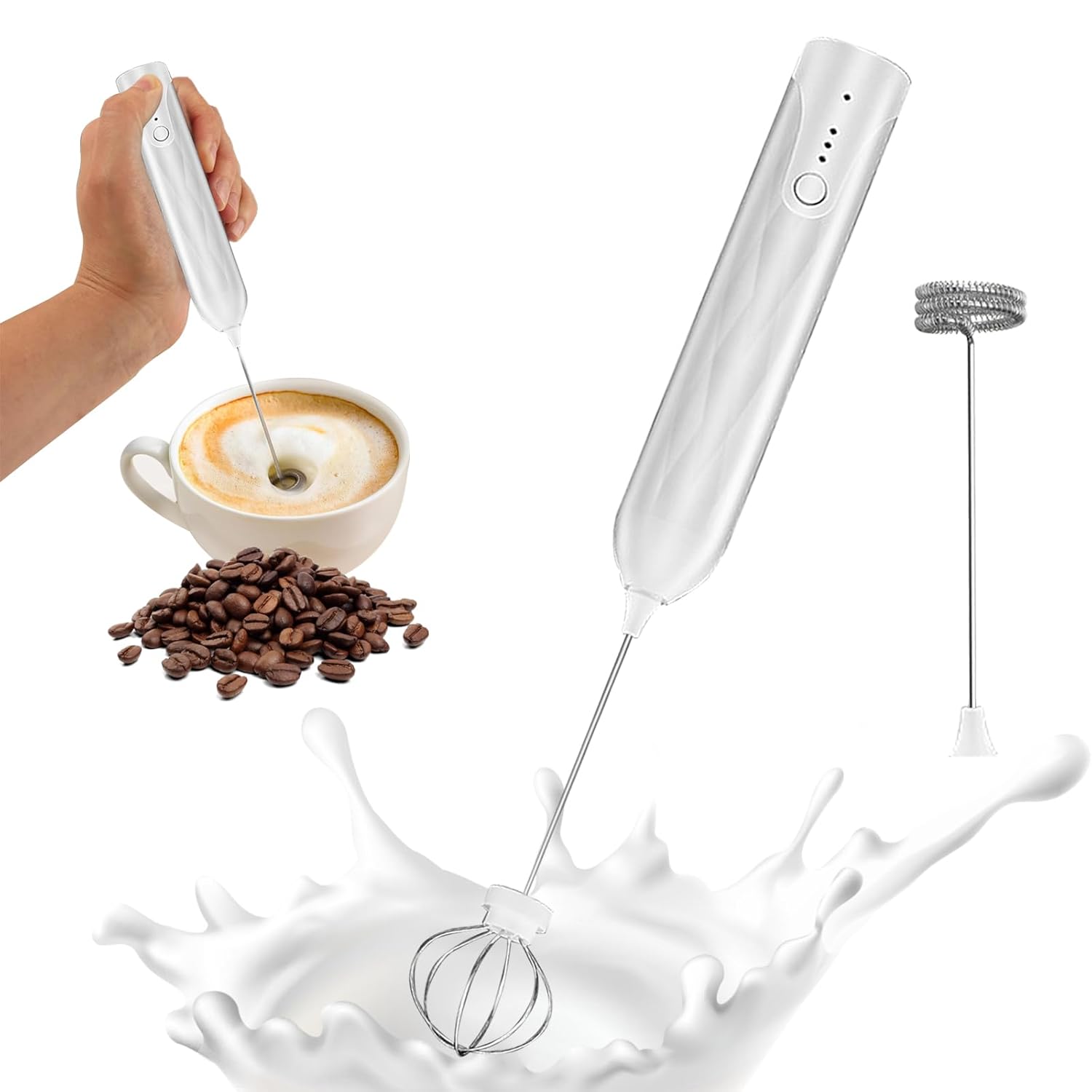 WSZBDY Handheld Milk Frother Rechargeable Handheld Electric Whisk Coffee Frother Mixer with 2 Stainless whisks 3 Speed Adjustable