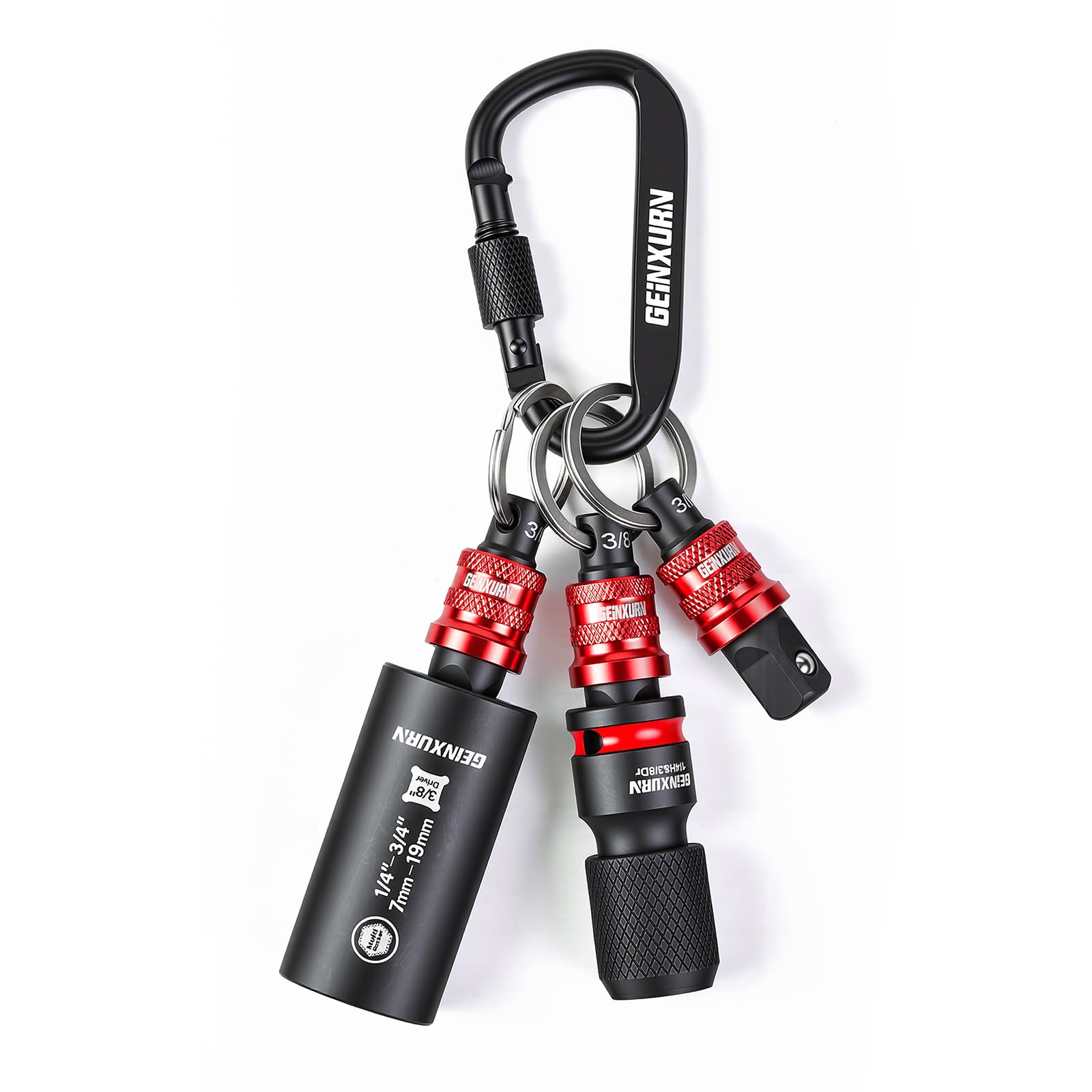 Geinxurn Socket Holder Keychain, 5Pcs 3/8" Drive Quick Release & Quick Change Socket Set Organizer with Square Drive Socket and Universal Socket for Lineman, Electricians, Construction Crews