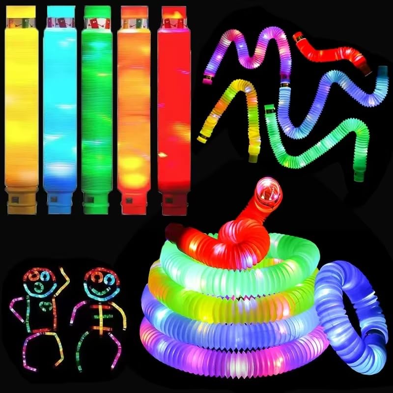 6 Pack Light Up POP Tubes with Premium brightness LEDs - Sensory Fidget Toy for kids and adults! Great as a stocking filler, and much more!