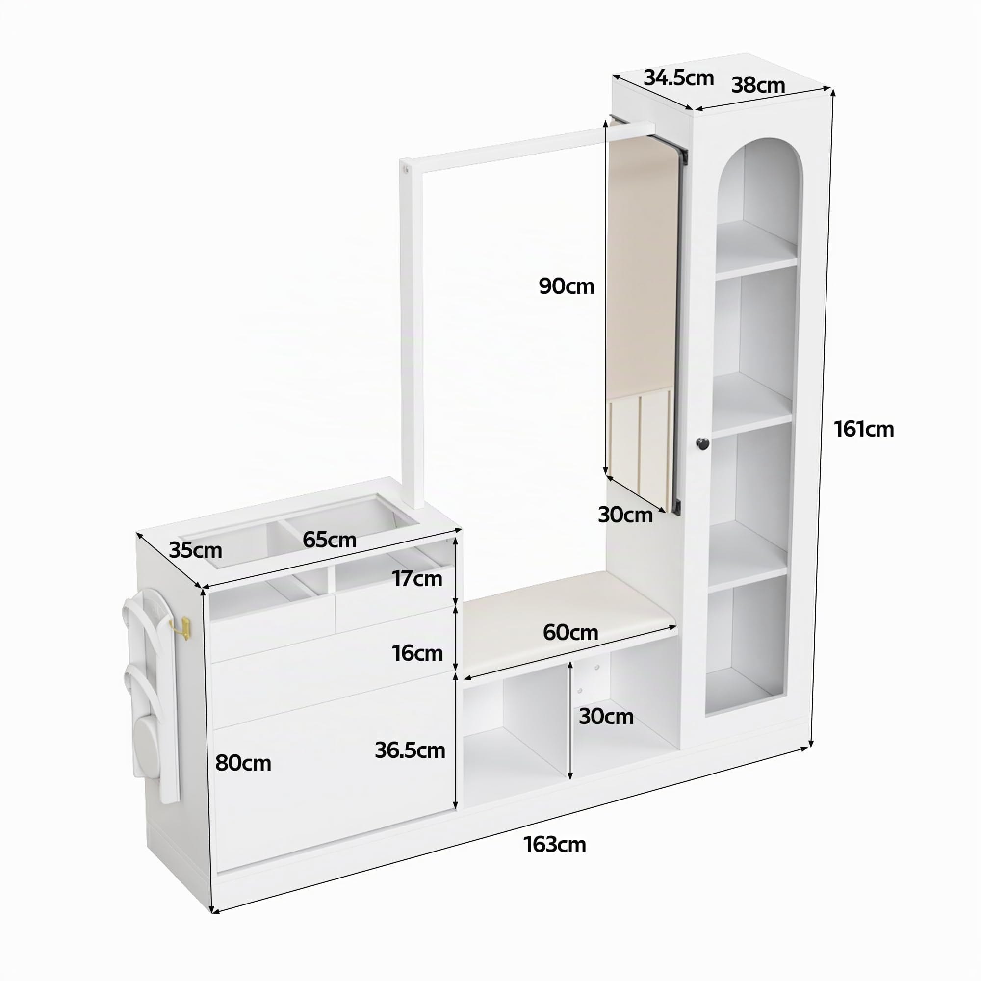 LAKFEW 6 en 1 Juego de Perchero, Perchero Entrada Recibidor con Espejo y Luz LED, Conjunto de Mueble Recibidor Mueble Entrada Percheros con 3 Cajones y 2 Puertas, 163x35x161 cm, Blanco