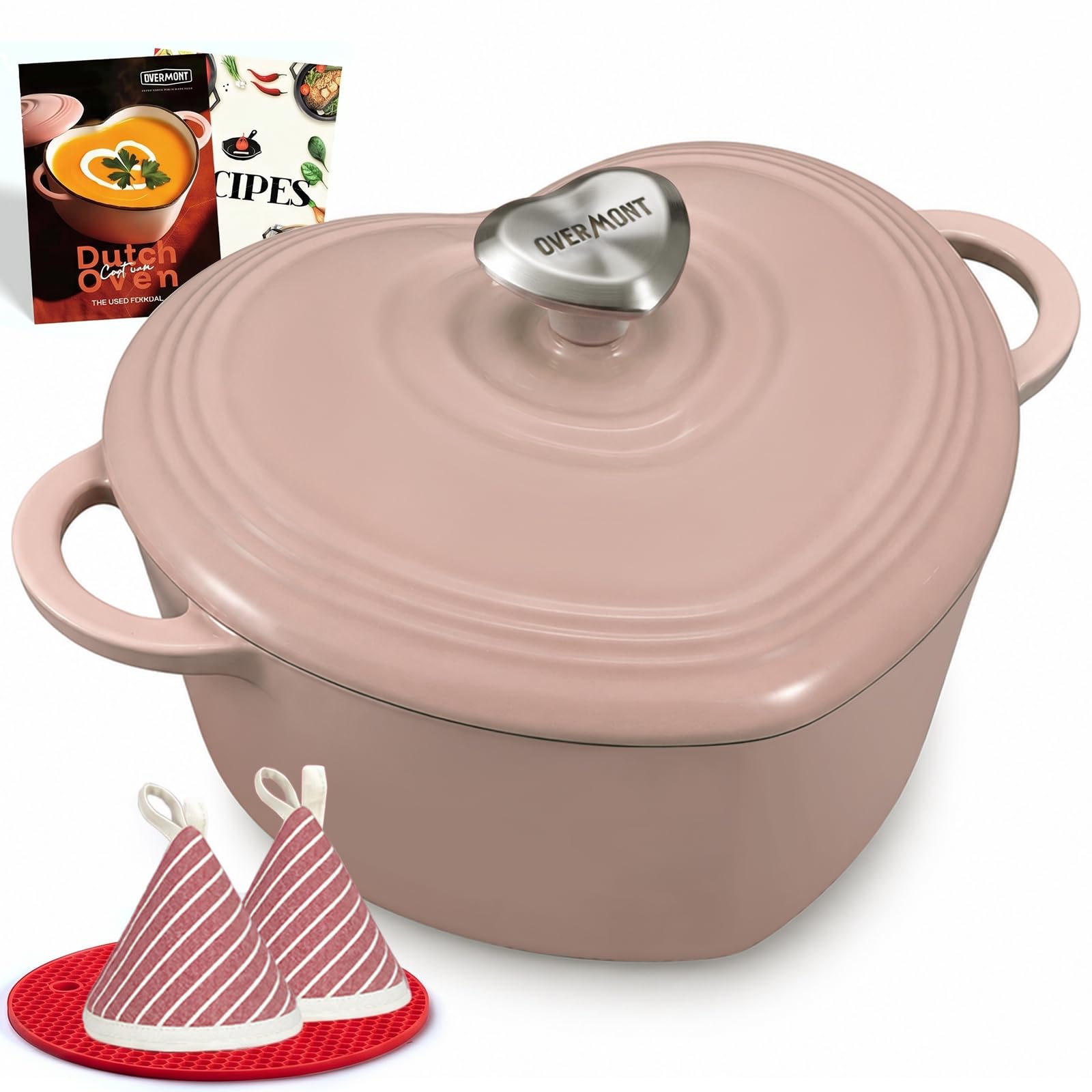 Overmont 2L Enamelled Cast Iron Dutch Oven - Heart-Shaped Casserole Dish with Lid - 2QT Mini Pot, Oven Safe to 260°C for Baking Bread, Soups & Stews - Gift for Wedding Birthday Housewarming, Pink