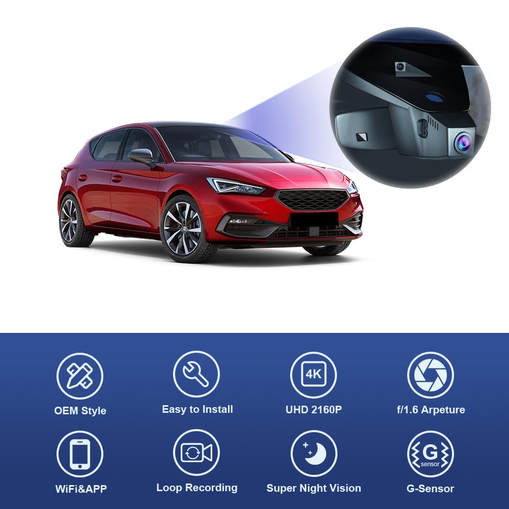Fitcamx Dash CAM Adecuado para Seat Leon MK3 MK4 2017-2025 (HD2-6113), OEM Cámara de Coche 2160P UHD Video WiFi, G-Sensor, Grabación en Bucle, WDR Dashcam 4K, Plug & Play, Negro, Tarjeta de 64 GB