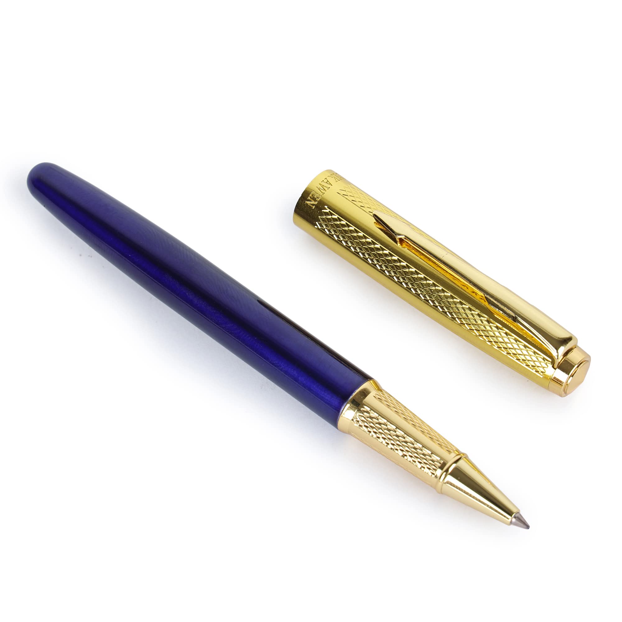 Clems Zone 4033 Shine Blue Body With Golden Crafted Cap with Arrow Clip Metal Body Roller Ball Pen Blue.