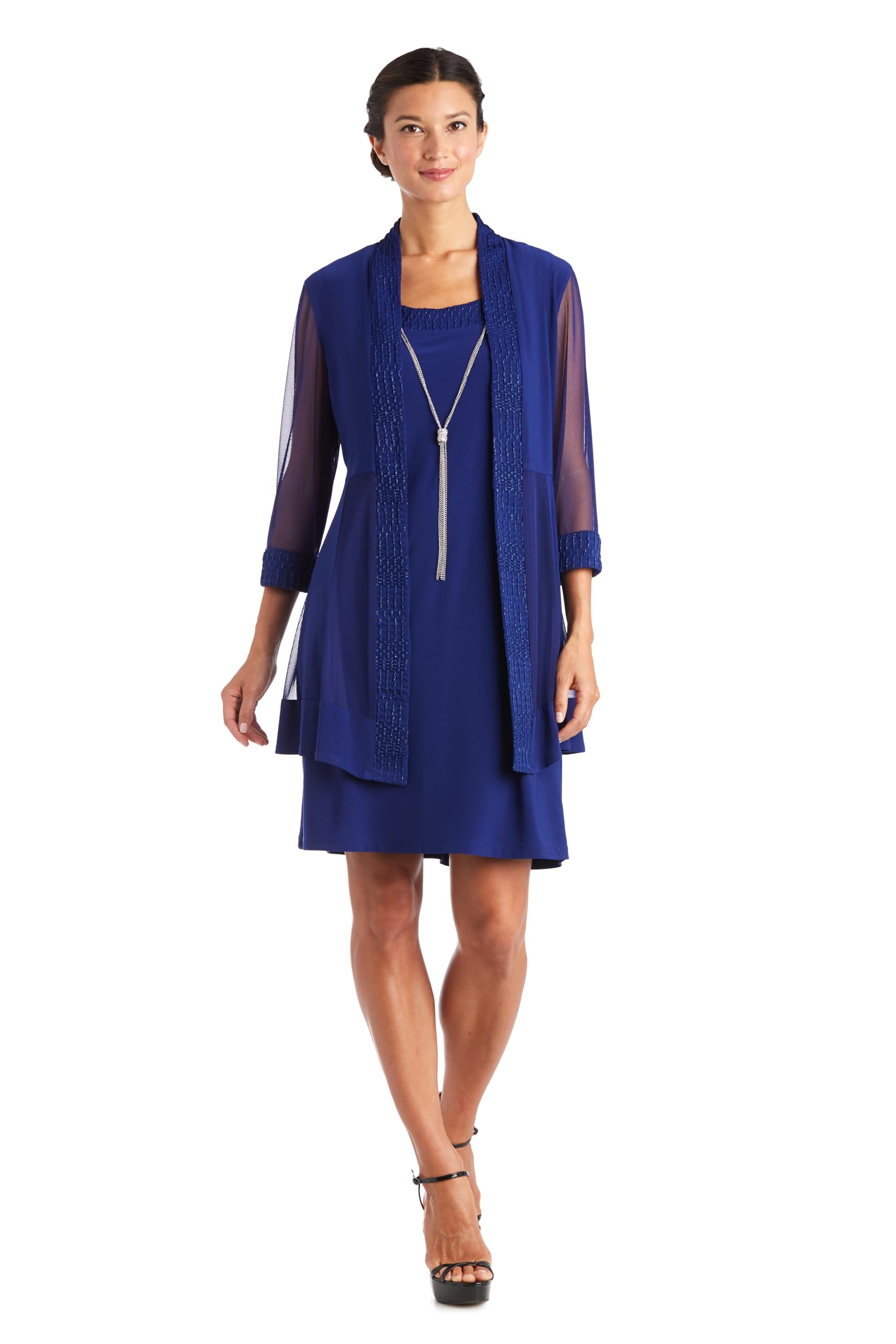 R&amp;M Richards Women's Elegant 2-Piece Shift Dress with Pleated Shimmer Duster Jacket for Mother of the Bride, Cocktail Attire