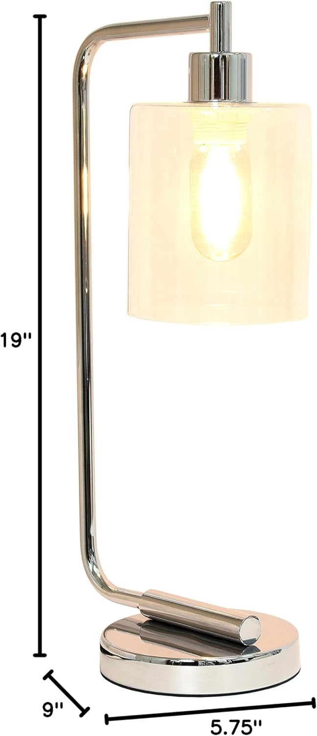 Simple Designs LD1036-CHR Bronson Antique Style Industrial Iron Lantern Desk Bedside Glass Shade Table Lamp, Chrome