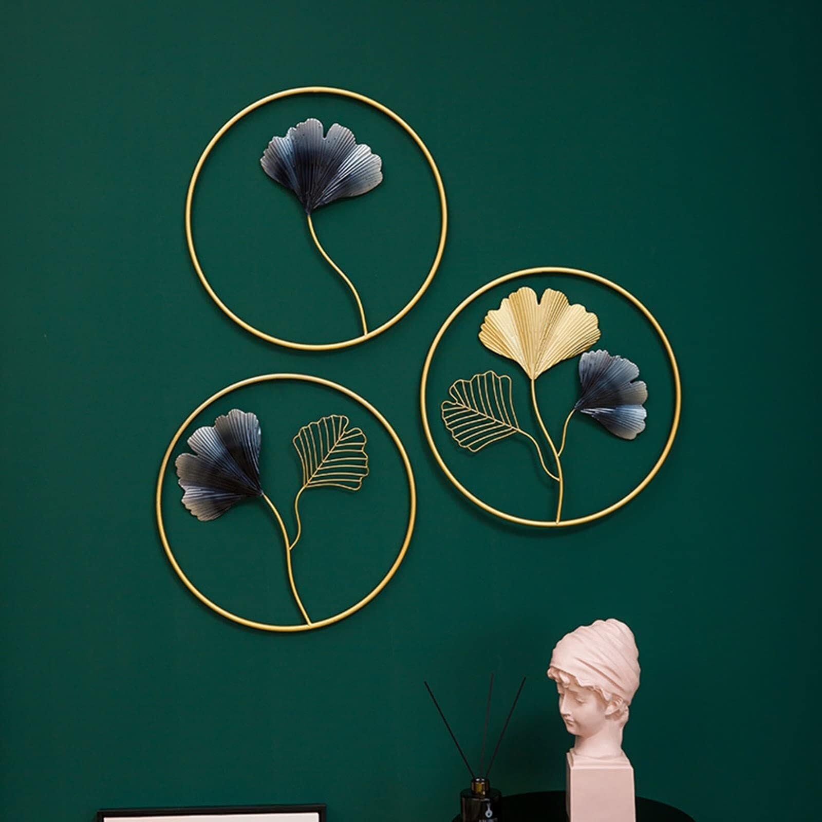 Sztuki Dekoracji ściennych, 3szt. Ginkgo Leaf Wall Decor Metal Art Rzeźby Ścienne Z Okrągłą Ramą Do Domu, Salonu, Kuchni, Sypialni Obrazy na ścianę do salonu