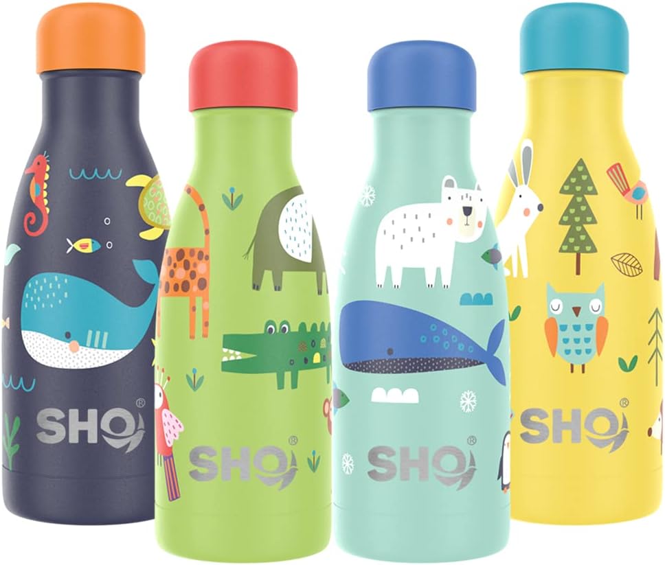 SHO Kids Bottle - Original 2.0 - Ultimate Insulated, Double Walled Stainless Steel Vacuum Flask & Water Bottle - 12 Hours Hot & 24 Hours Cold - 260ml - BPA Free (260ml, x SP - Deep in The Jungle)