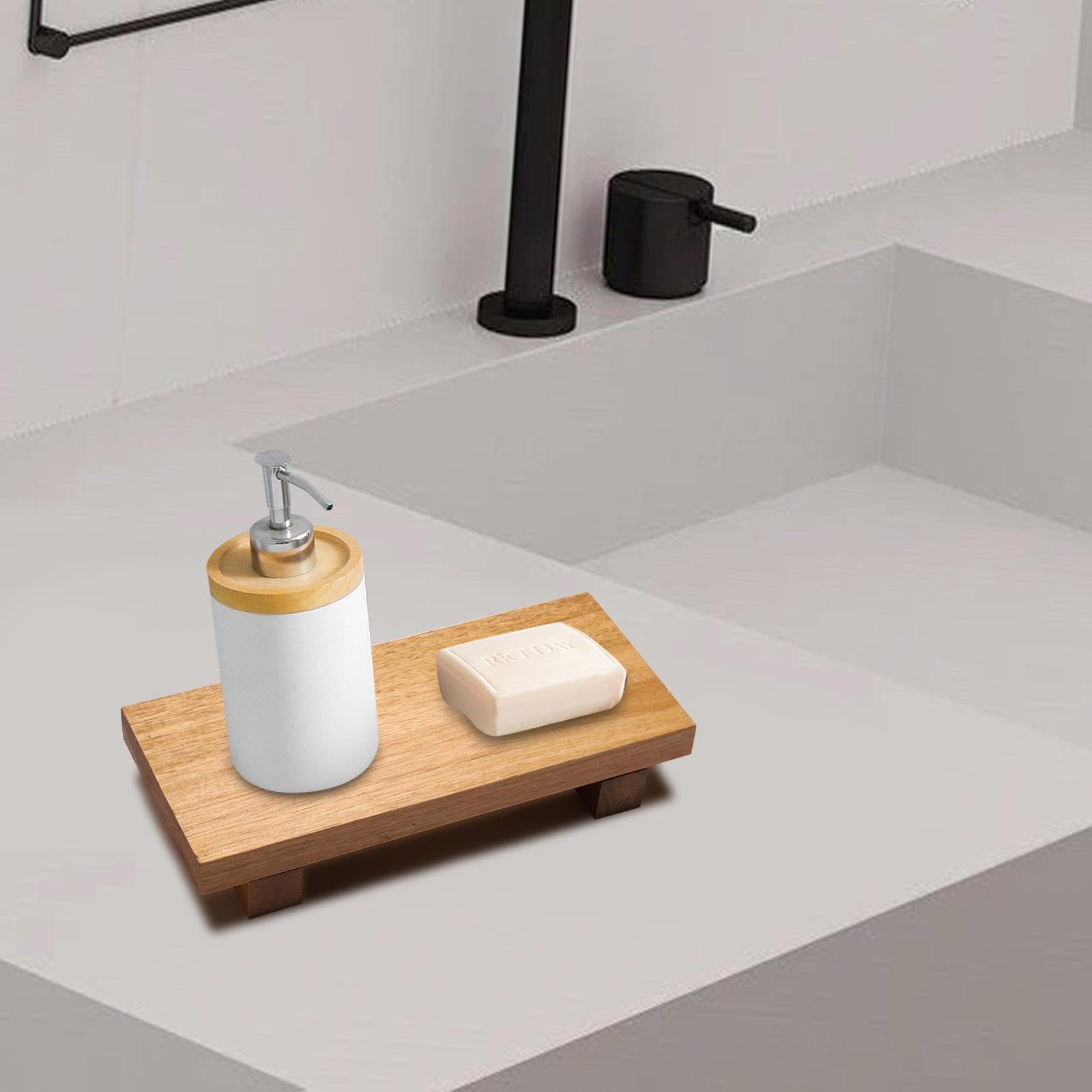 Folpus Wooden Pedestal Stand Footed Tray Rectangular Wood Riser for Display Candle Soap Holder for Wedding Kitchen Counter Party - Image 3