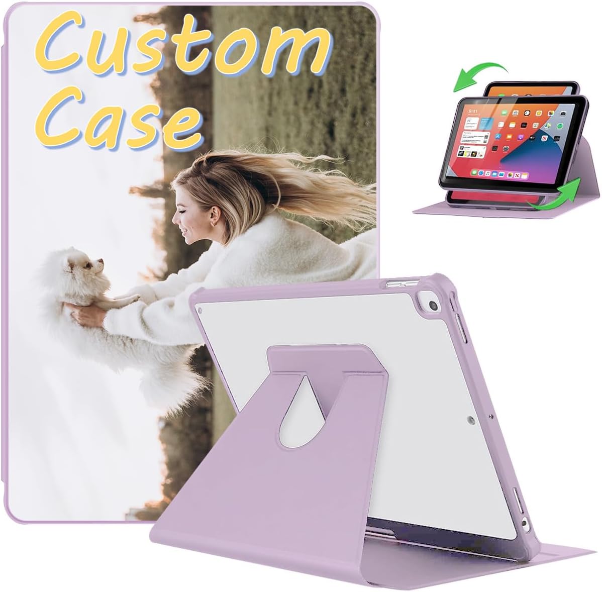 Custom Photo Case for iPad with Pencil Holder, Personalized Picture iPad Air M4 2026 Pro Mini Shell, 360 Degree Rotate Stand Protective Case, Smart Auto Sleep/Wake iPad Rotating Cover Purple
