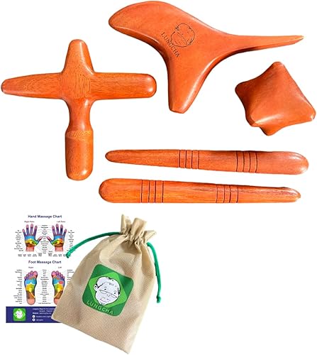 Lungcha 4 tipos, juego de 5 piezas tradicional tailandés masaje reflexología herramienta de palo de madera (juego de 4 tipos de masaje de pies y