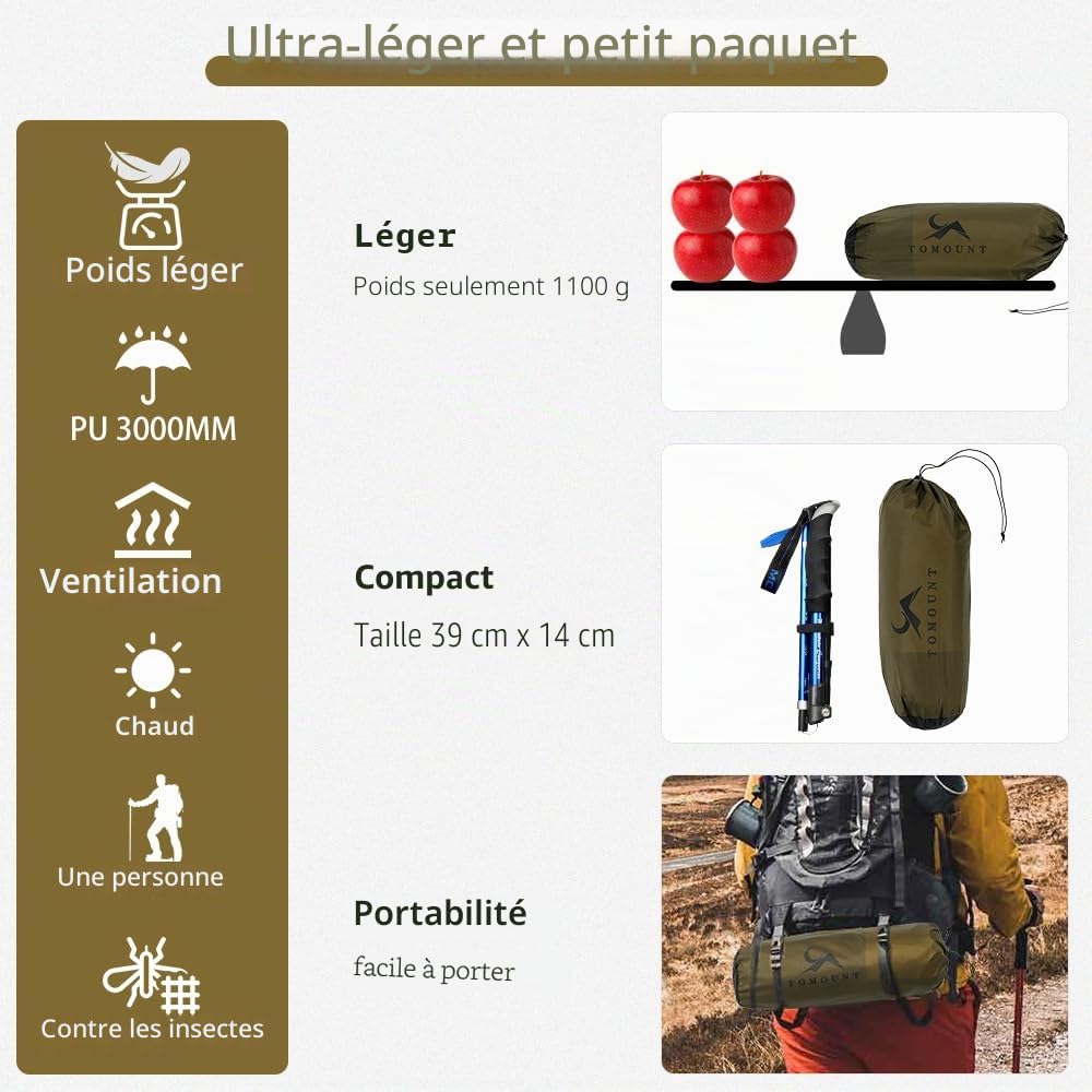 TOMOUNT Bivy Tente en nylon ultra légère pour 1 personne Sac de bivouac étanche Petit encombrement Tente de trekking pour une personne pour trekking, camping, extérieur, escalade avec sac à dos