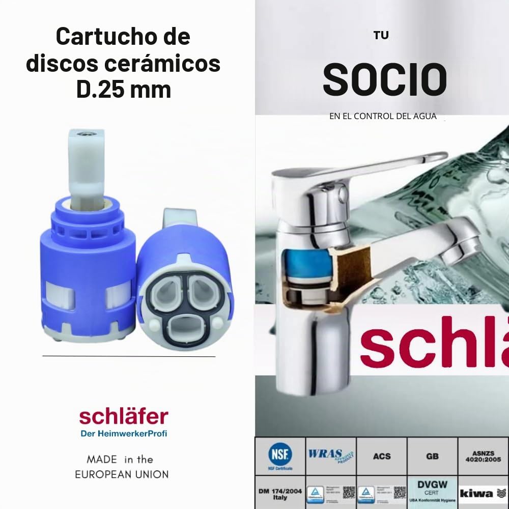 Schläfer 480051 | Cartucho mezclador de 25 mm, cartucho de repuesto para mezcladores de cerámica baja con 2 patas, para grifos mezcladores de cocina, baño, ducha y bañera, modelo Kerox K25 Ops