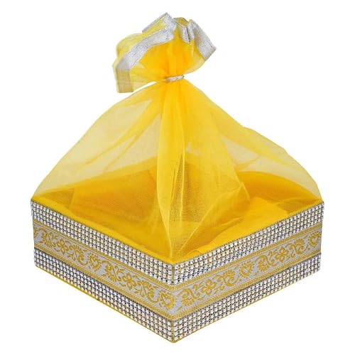 GROWNEX Indian Wedding Gifts | Gift Hamper for Guests | Yellow Small Decorative Basket | Wedding Return Gifts | Indian Return Gift Ideas, Pack of 1 | Handcrafted Marriage Favor Baskets - 8x8x3 Inches
