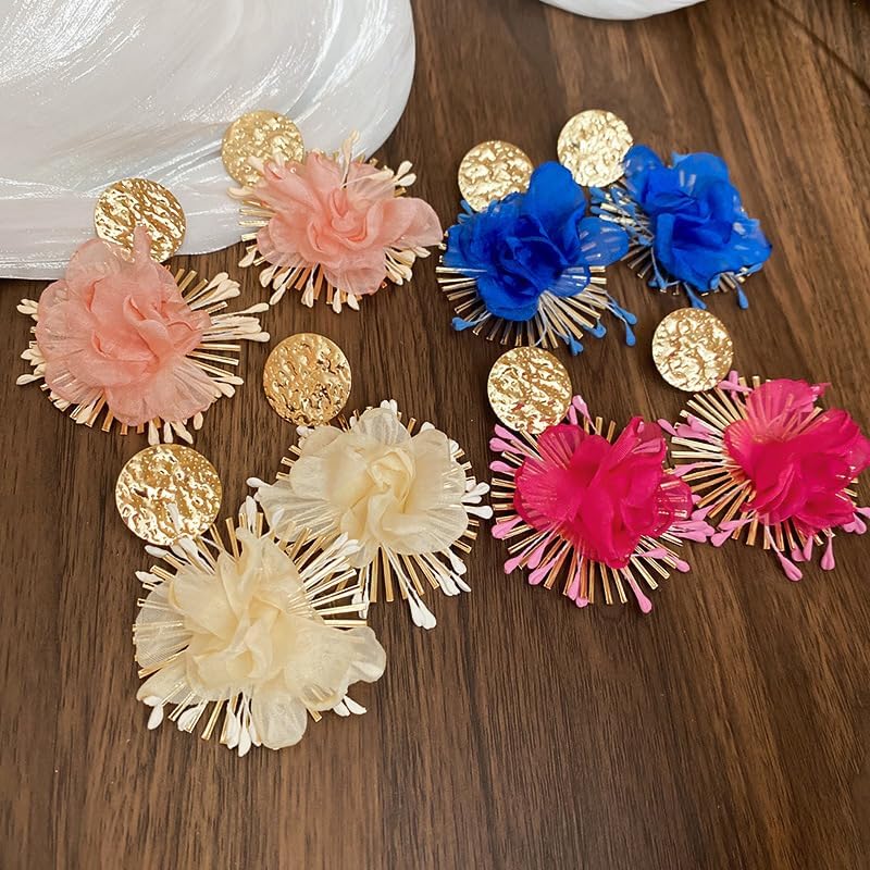 Large Flower Earrings for Women Boho Gold Floral Earrings Trendy Handmade Fabric Earring Dangle Drop Hawaiian Earring for Women Statement Christmas Birthday Wedding Party Jewelry - Image 7