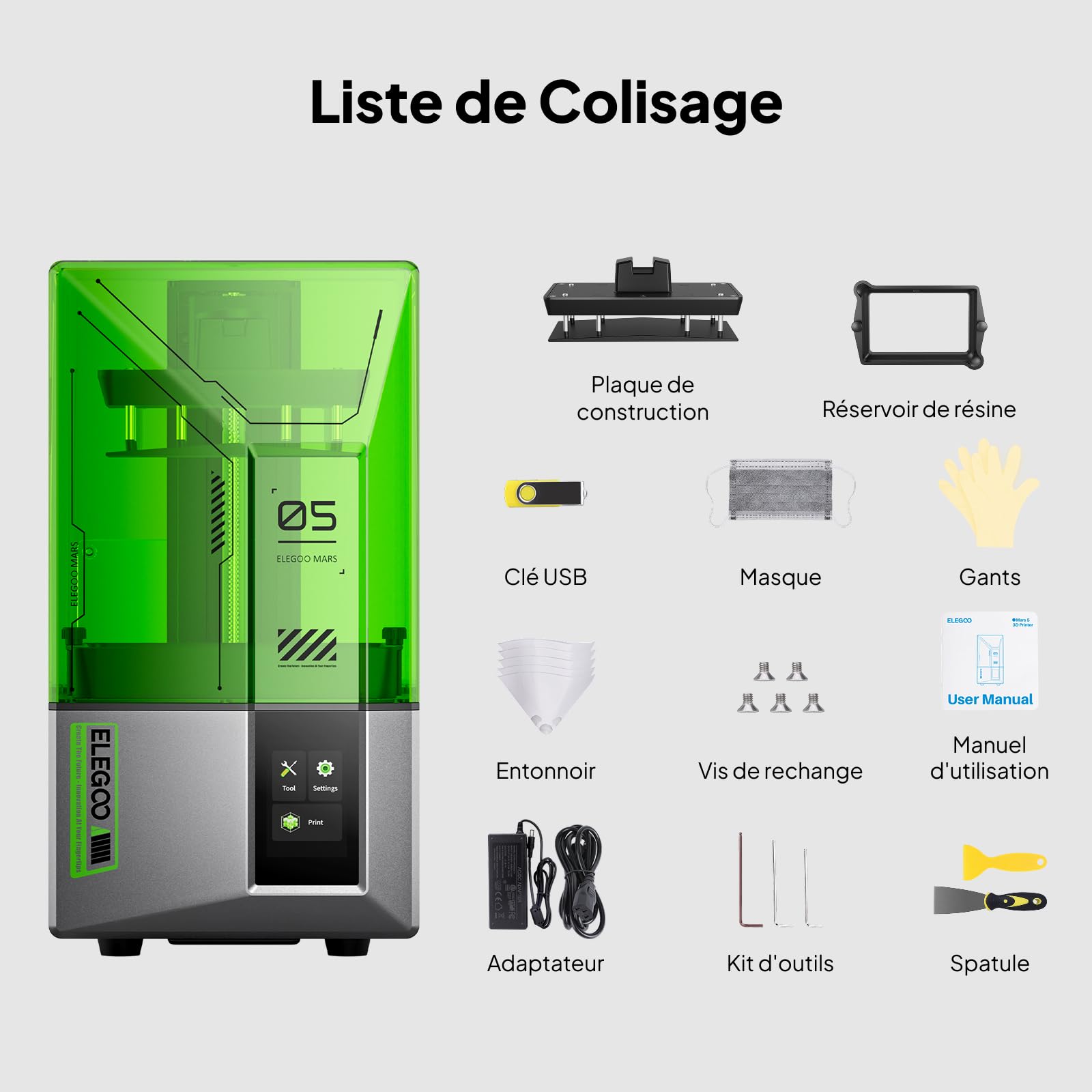 ELEGOO Mars 5 Imprimante 3D MSLA, Écran LCD 4K, Nivellement Automatique, Impression Haute Vitesse 70 mm/h, Capteur Mécanique Intelligent, Grande Taille d'impression 143,43x89,6x150mm³