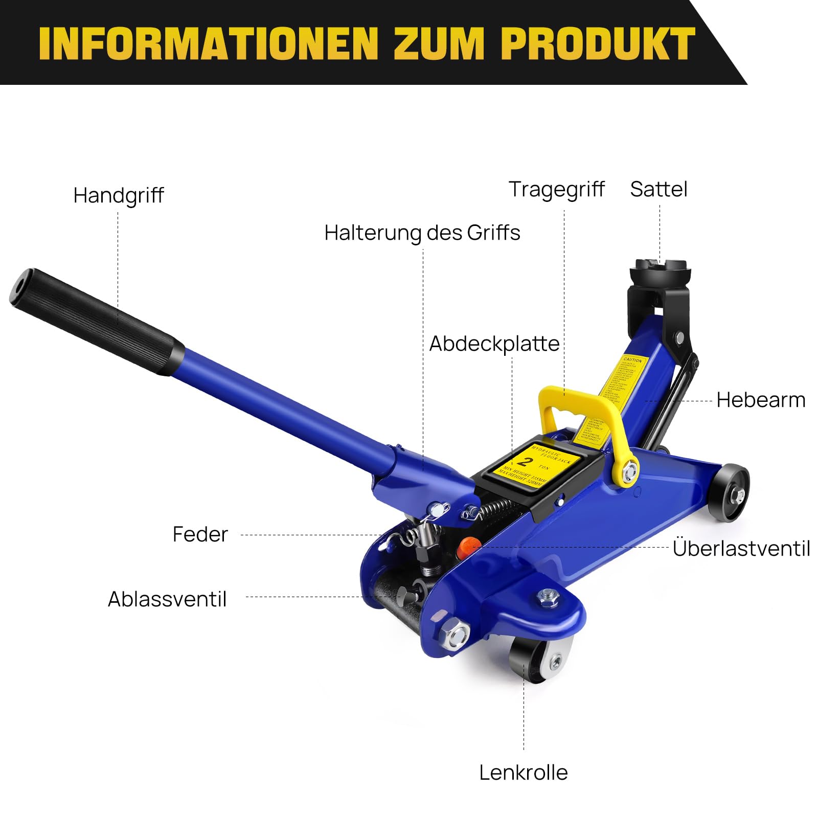 Hydraulischer Rangierwagenheber, Tragkraft bis 2t, 135-320 mm, Rangierwagenheber 2t mit Doppelzylinder | Hydraulischer Wagenheber flach für SUV & tiefergelegte Autos