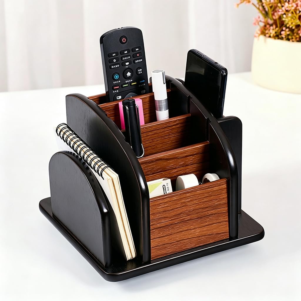 Caja de almacenamiento de escritorio de madera con múltiples compartimentos, soporte remoto abierto con aspecto de madera para bolígrafos, notas, teléfonos,
