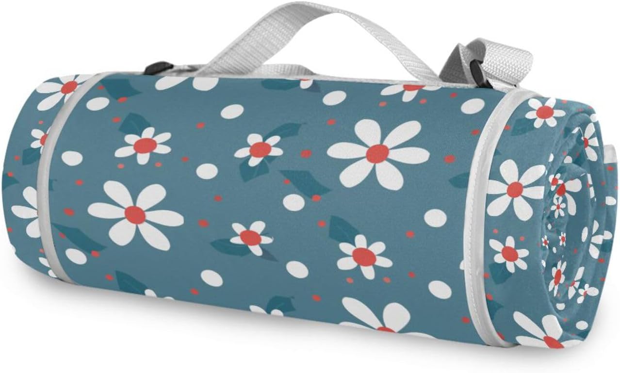 Round Picnic Set - Fits 2 Adults, Summer Accessories Cute Sand Resistant Beach Blanket Dual Layer, Sand-Free, Soft Throw Rug 58 in (Cute Blue White Floral Pattern)