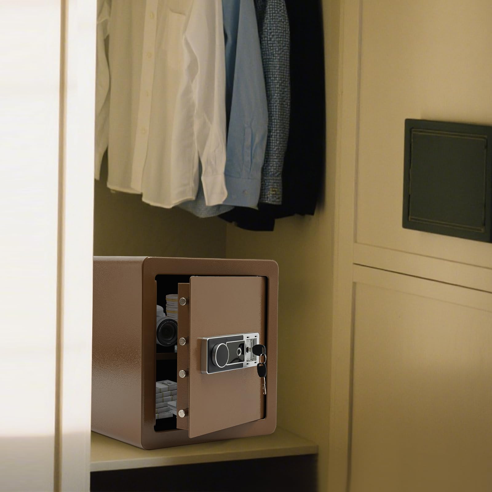 Coffre-fort électronique avec empreintes digitales - Pour la maison (45 l) et le bureau - Coffre-fort de sécurité avec 16 emplacements pour doigts et clé d'urgence pour l'argent, les bijoux et les