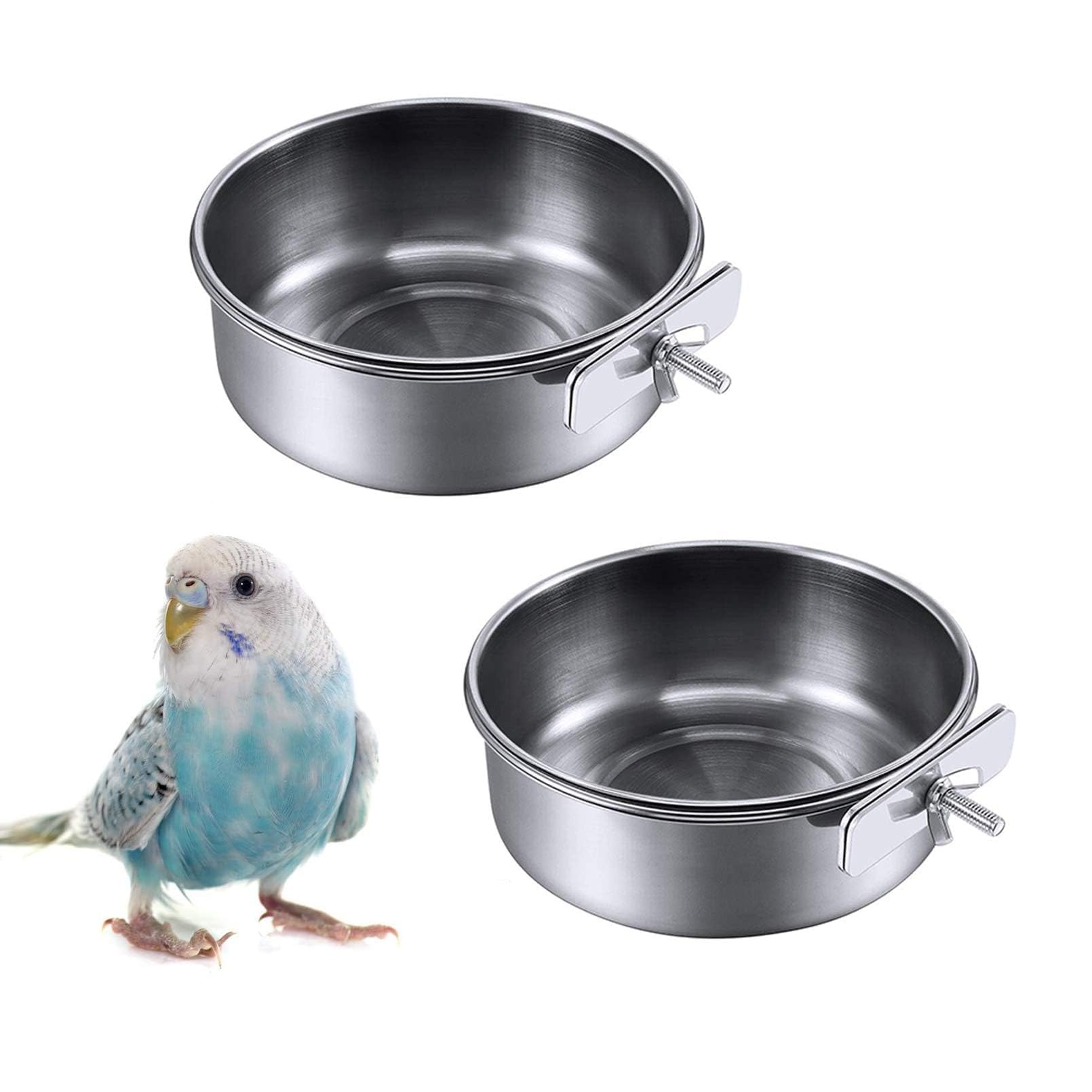 Kathson 2 Pack Bird Feeding Dish Cups, Stainless Steel bird bowls Parrot Feeders Water Cage Bowls with Clamp Holder Bird Feeders for Parakeet Cockatiels Conure Budgies Lovebird Finch and Small Animals