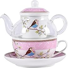 YBK Tech Glass Teapot with a Porcelain Infuser Strainer, Happy Bird Pattern Cup and Saucer Set, Teapot and Teacup for One (Pink)