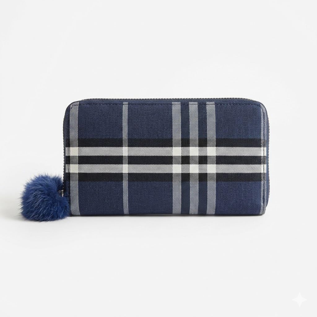 Classic Checkered Zip Wallet for Women with Pom Pom Charm | Stylish Long Clutch Purse | Multi-Card Holder Organizer (Blue)-image-17
