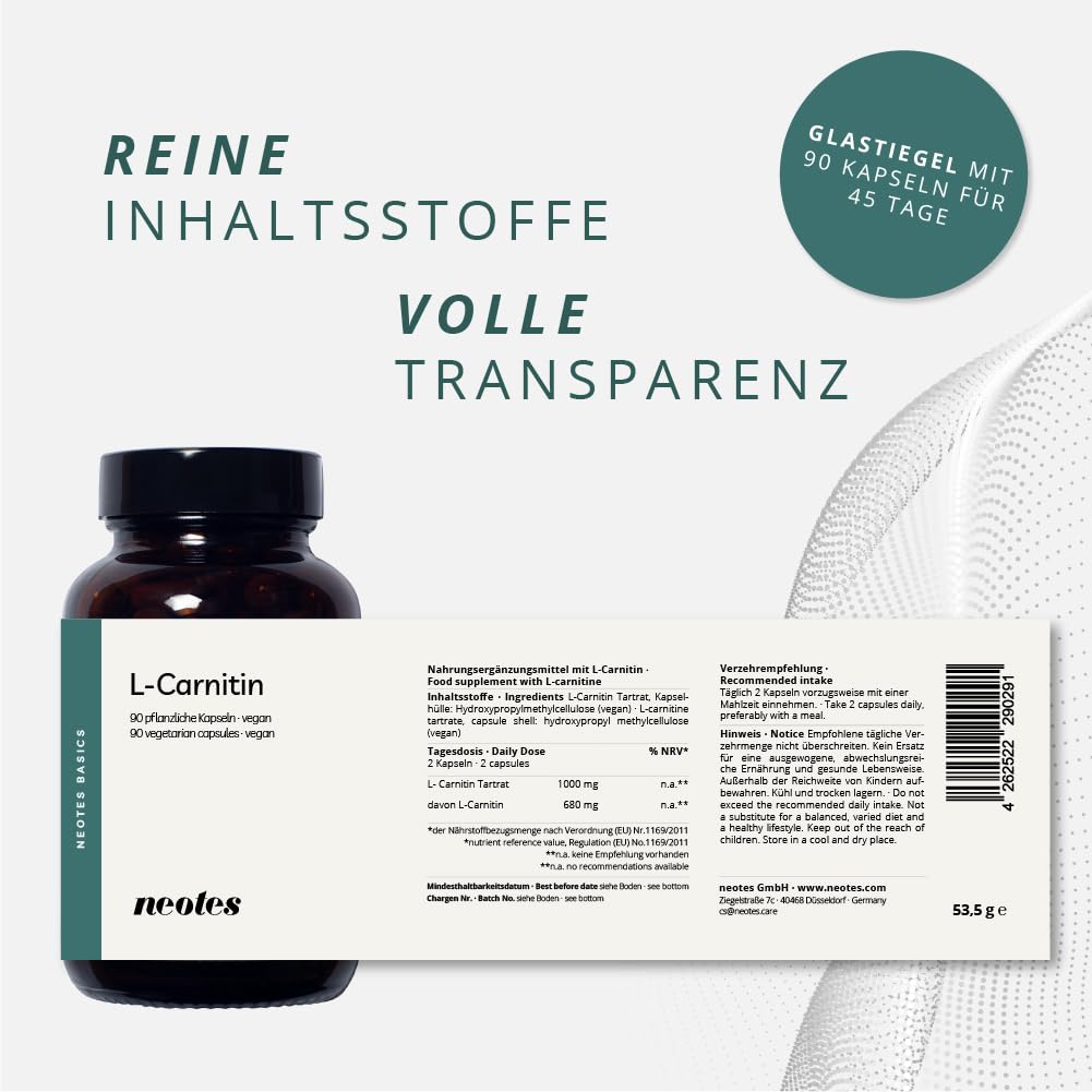 L-Carnitin Kapseln – 1000 mg L-Carnitin Tartrat pro Tagesdosis - Hochdosiert 180 Kapseln für 90 Tage – Vegan & Ohne Zusätze