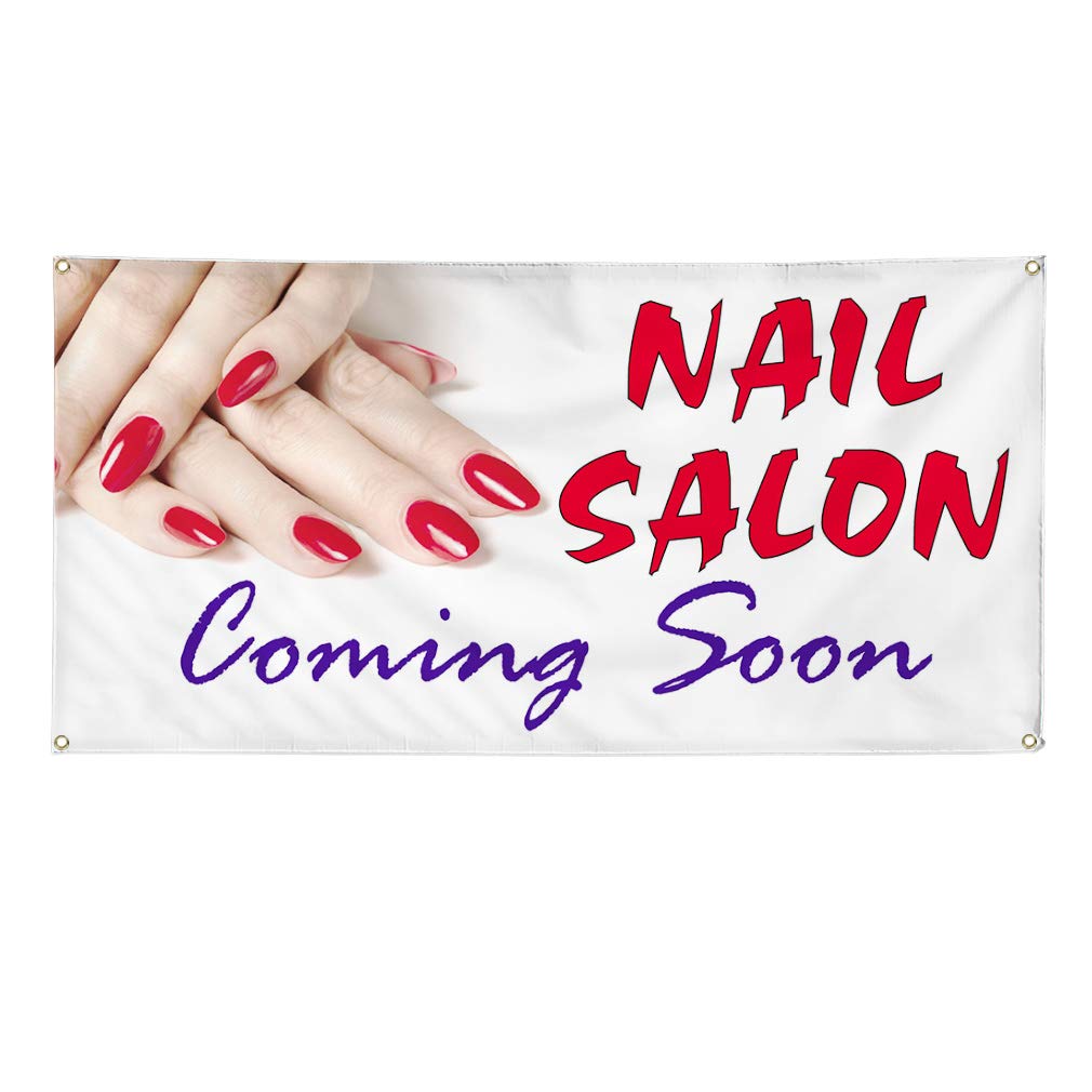 Cartel de vinilo para salón de uñas Coming Soon Business Outdoor Marketing Publicidad Blanco – 61 x 152 cm, 4 ojales, una pancarta