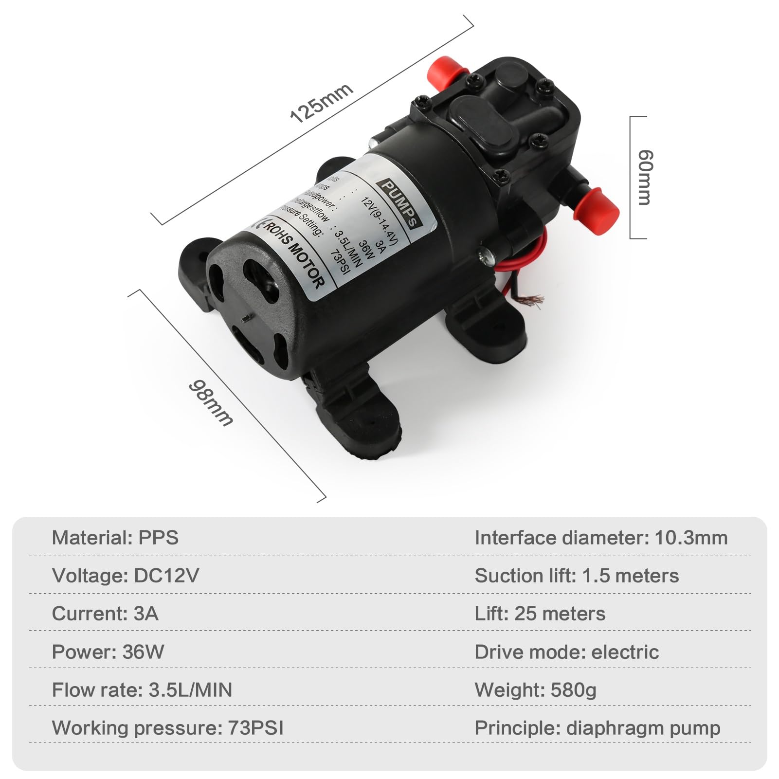 DEWIN Pompe à Eau, Micro Pompe à Diaphragme Agricole Électrique Pulvérisateur d'eau à Haute Pression Connecteur 10.3mm 12V 36W