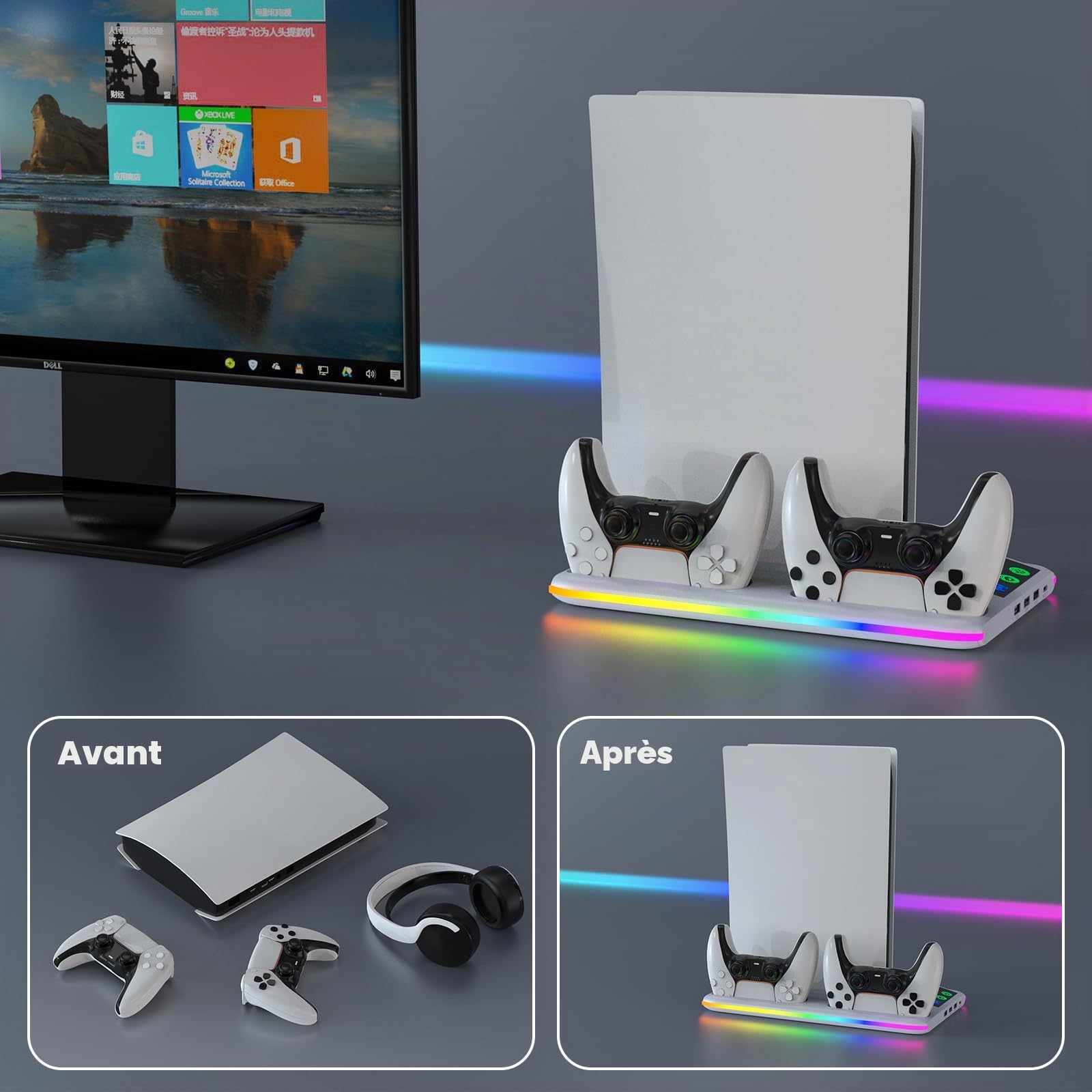 Support PS5 Standard/Slim/Pro, Support PS5 avec Ventilateur de Refroidissement à 3 Vitesses, Station de Refroidissement Vertical PS5 avec RGB, Support de PS5, Accessoires PS5/Slim/Pro