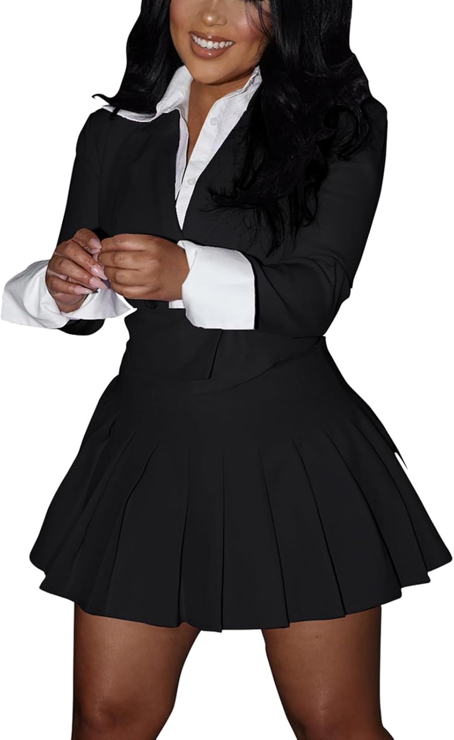 kaimimei Pleated Mini Skirt Sets Women 2 Piece Outfits Dressy Fall Cropped Blazer Skirt Suit Set Long Sleeve