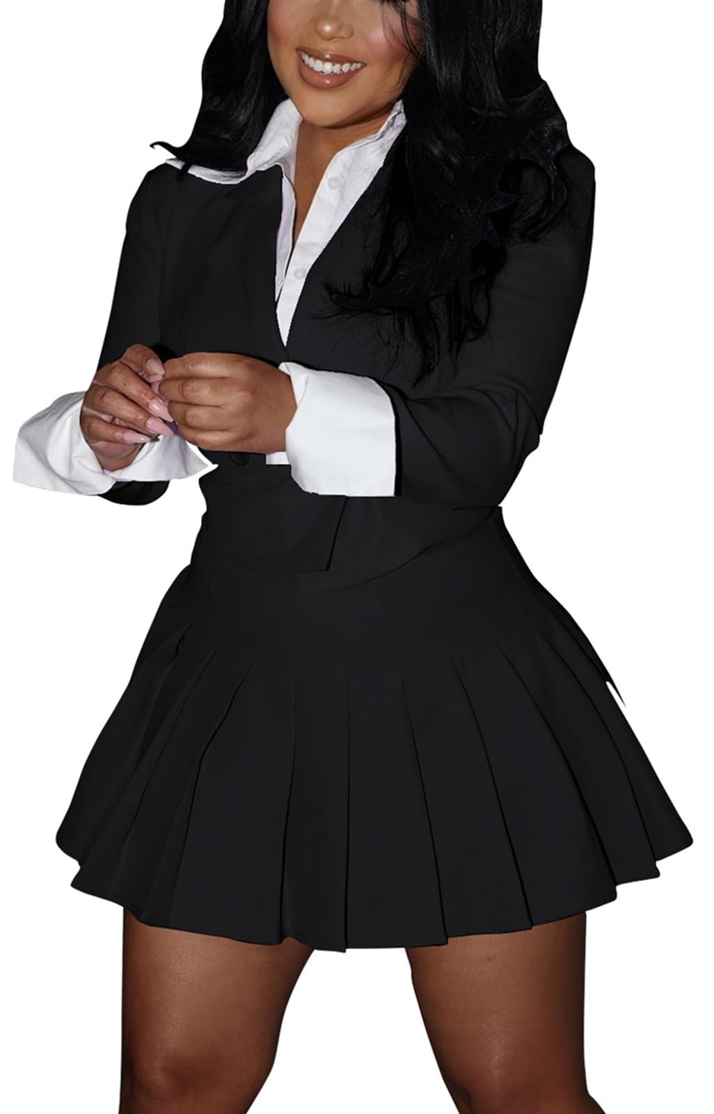 Photo 1 of kaimimei Womens Sets 2 Piece Outfits Fall Dressy Skirt Suits Long Sleeve Blazer Skirt Set Travel Going Out Outfits Large Black
