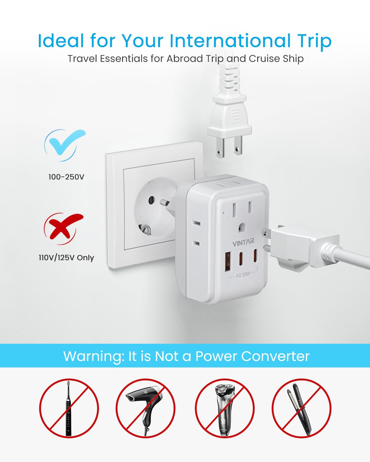 2 Pack European Travel Plug Adapter VINTAR PD 20W Foldable Type C Adapter with 4 AC Outlets 3 — view 6