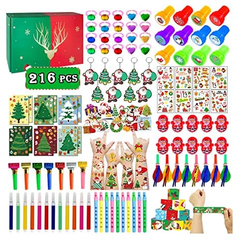 Acevegue 216pcs Christmas Party Toys - Bracelets Keychains Watercolour Pens Stamps Ring Tattoos Stickers for Kids Xmas Box Gifts Christmas Stocking Fillers, Lucky Dip Game Prize Favours Supplies Cover