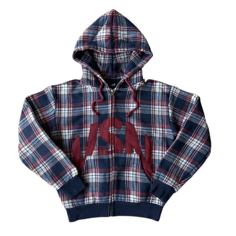 Men's Zip Up Hoodies plaid letter Graphic Jacket long Sleeve Y2k Hoodies Plaid Flannel Hooded sweatshirt Streetwear
