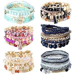 SAILIMUE 6 Sets Bohemian Stackable Bead Bracelets for Women Men Stretch Multilayered Bangles Bracelet Set Boho Multicolor Jewelry