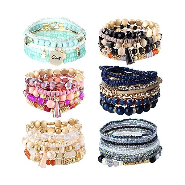 SAILIMUE 6 Sets Bohemian Stackable Bead Bracelets for Women Men Stretch Multilayered Bangles Bracelet Set Boho Multicolor Jewelry