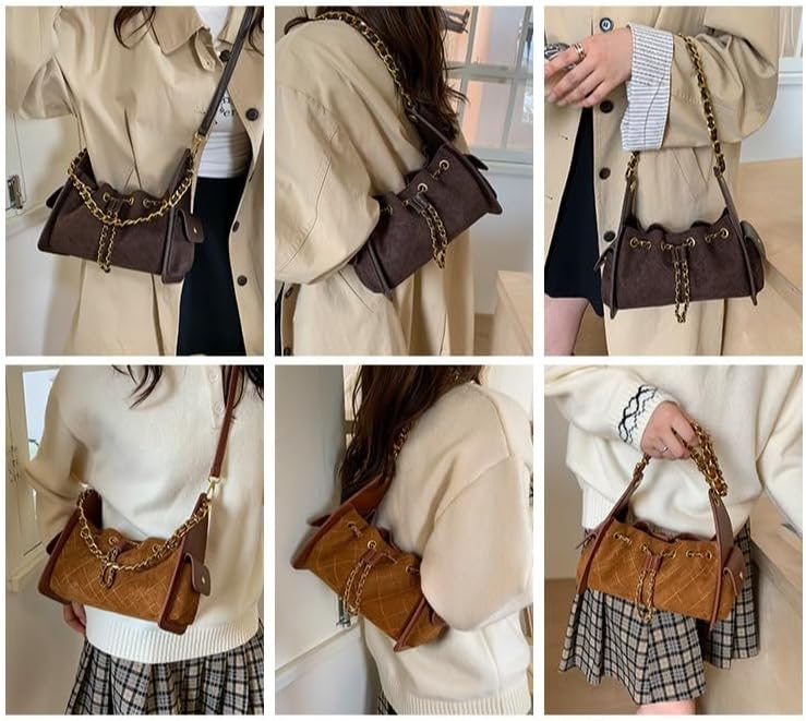 Y2K Chain Detail Genuine Suede Leather Purse Vintage Crossbody Bag Trendy Womens Handbag Gift Box - Image 6
